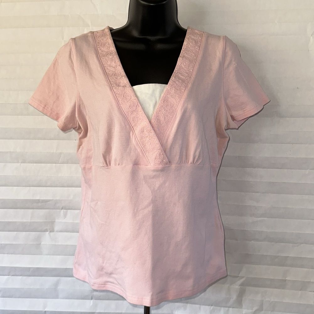 By Design Pink Beaded Short Sleeve Blouse Women's Size Medium M
